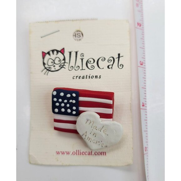 Flag & Heart Brooch Pin Olliecat Patriotic Handcrafted Clay Made in USA LI48 - Picture 3 of 4